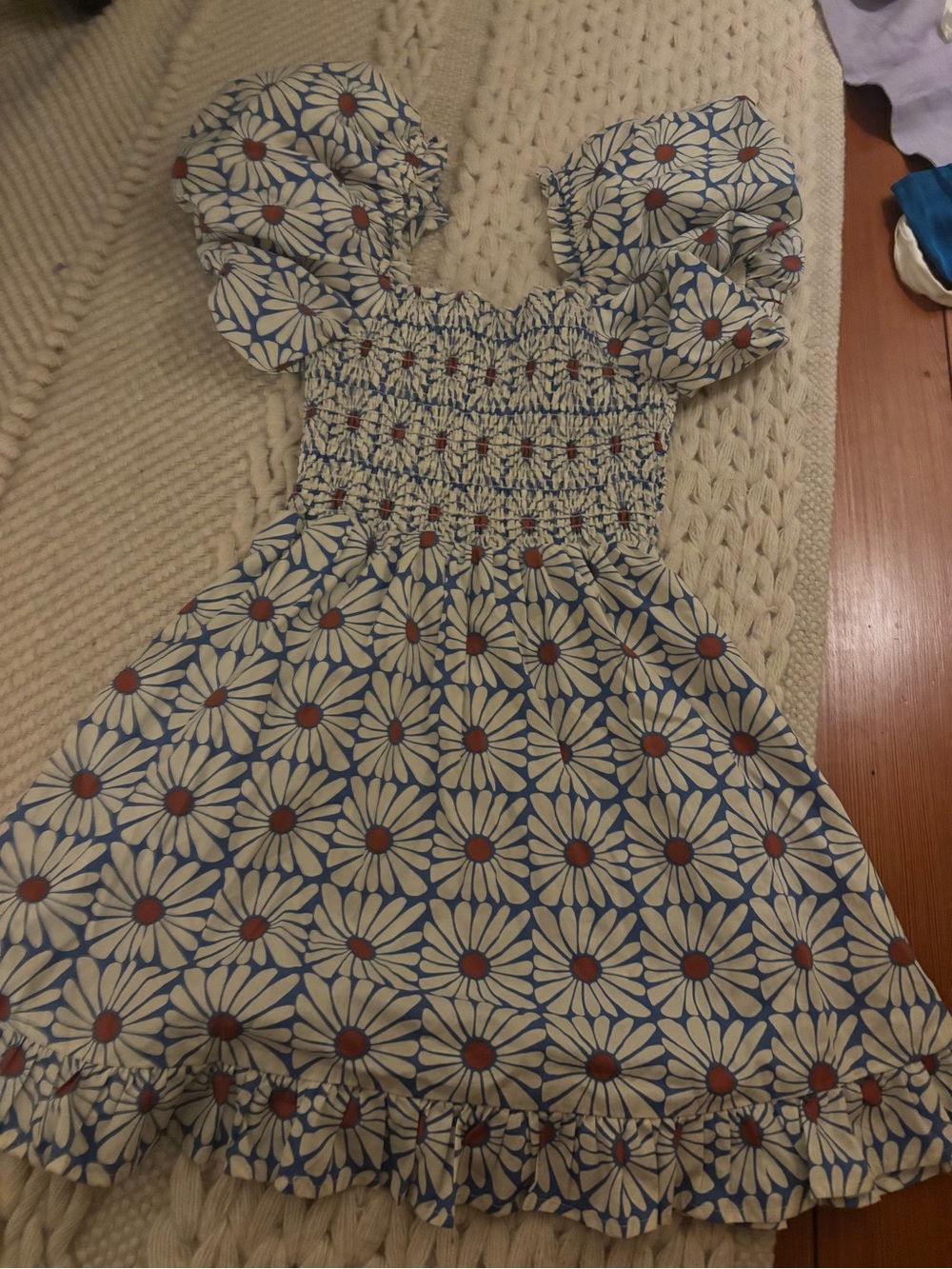 Olivaceous Blue Daisy Smocked Mini Dress with Puff Sleeves